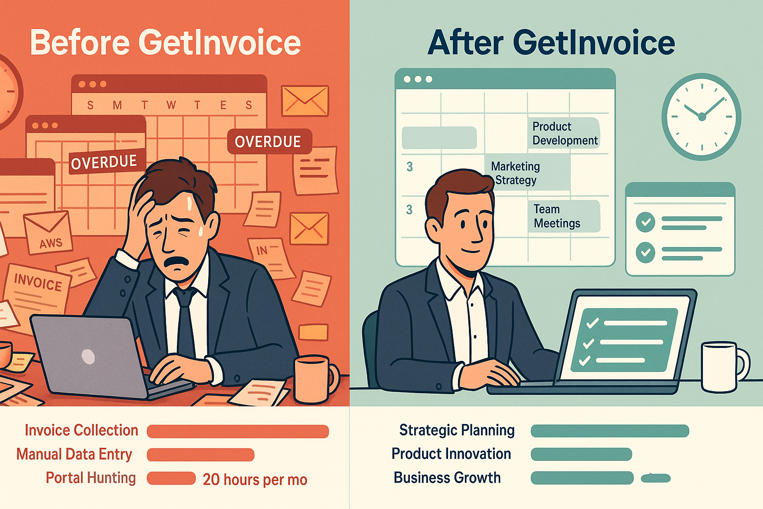 Before and after timeline showing Max's transformation from invoice chaos to strategic focus