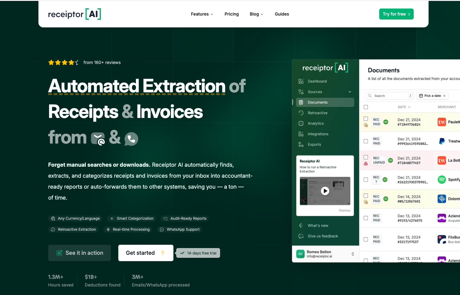 Receiptor dashboard interface